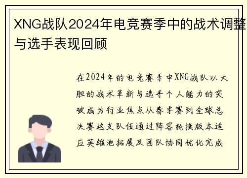 XNG战队2024年电竞赛季中的战术调整与选手表现回顾